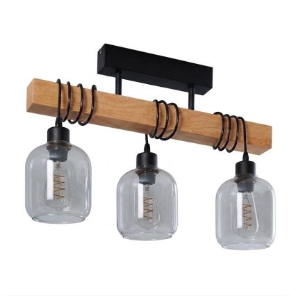 Brilagi - Opbouwkroonluchter WOOD GLASS 3xE27/60W/230V grenen/zwart/rookgrijs