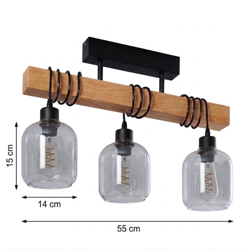 Brilagi - Opbouwkroonluchter WOOD GLASS 3xE27/60W/230V grenen/zwart/rookgrijs