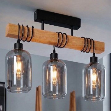Brilagi - Plafonnière WOOD GLASS 3xE27/60W/230V grenen/zwart/rookgrijs