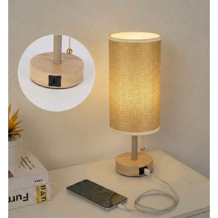 Brilagi - Tafelamp met USB-poort TABLON 1xE27/25W/230V eiken/beige