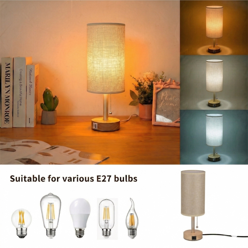 Brilagi - Tafelamp met USB-poort TABLON 1xE27/25W/230V eiken/beige