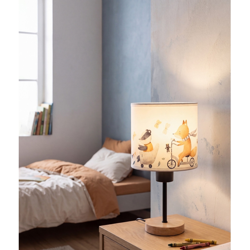 Brilagi - Kinder-tafellamp BOBO WOOD 1xE27/25W/230V eiken/zwart/wit/dieren