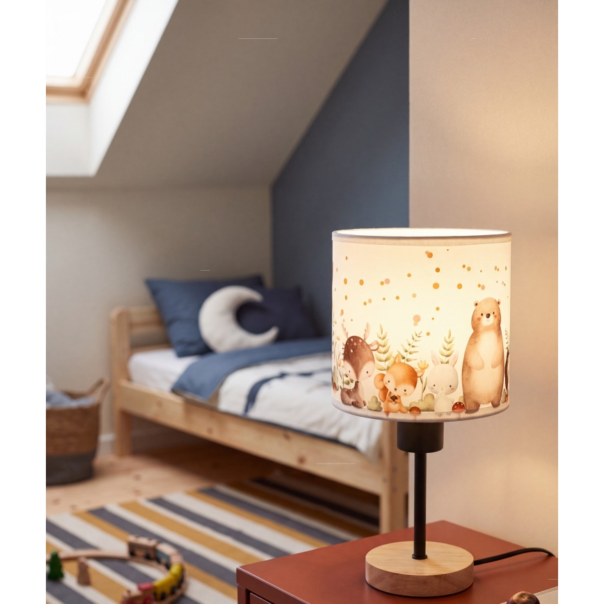 Brilagi - Kinder tafellamp BOBO WOOD 1xE27/25W/230V eik/zwart/wit/dierenmotief