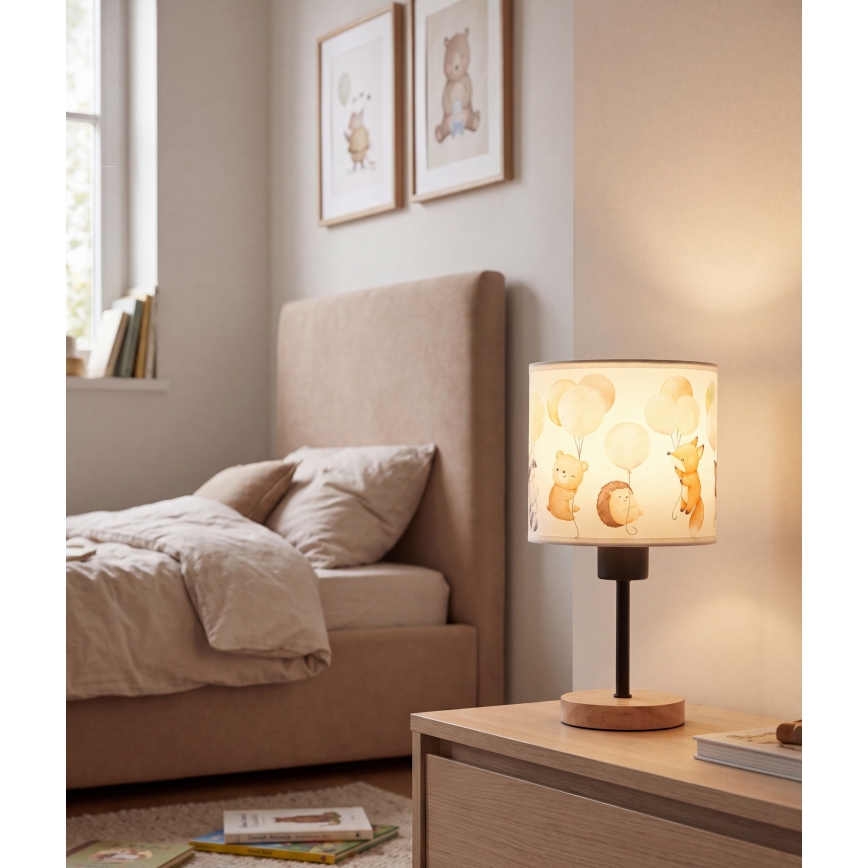 Brilagi - Kinder-bureaulamp BOBO WOOD 1xE27/25W/230V eiken/zwart/wit/dierenmotief