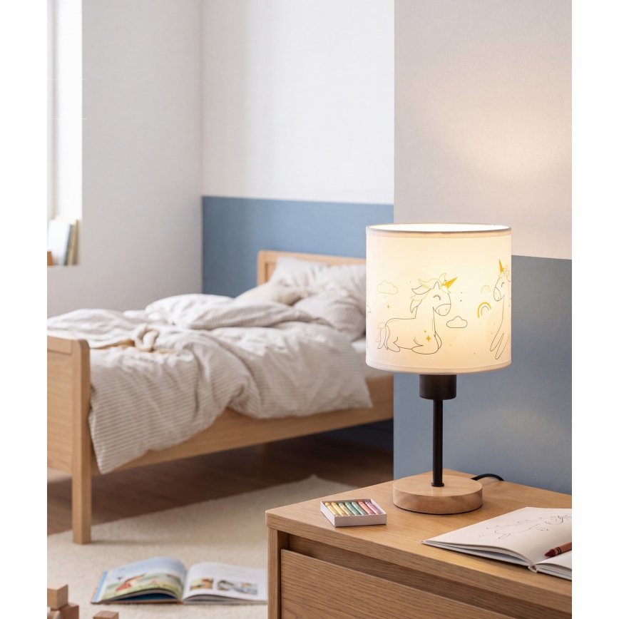 Brilagi - Kinder tafellamp BOBO WOOD 1xE27/25W/230V eiken/zwart/wit/eenhoorns