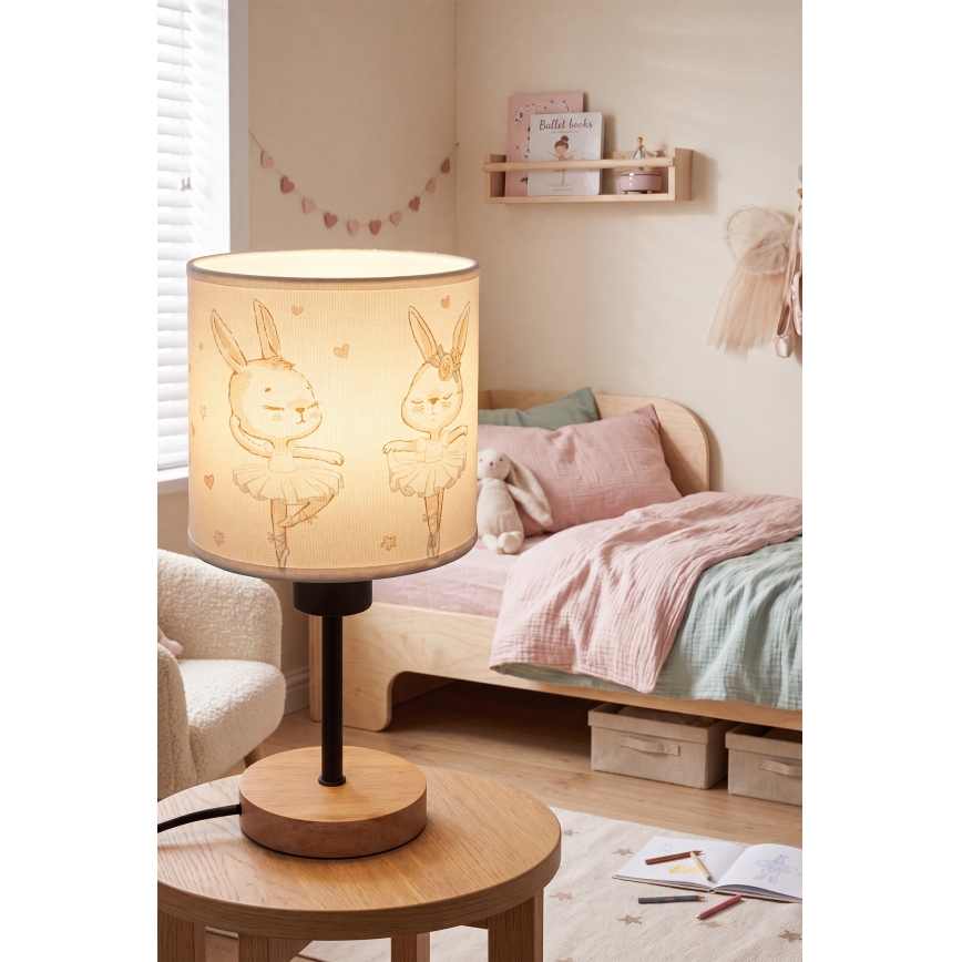 Brilagi - Kinder tafellamp BOBO WOOD 1xE27/25W/230V eiken/zwart/wit/konijntjes