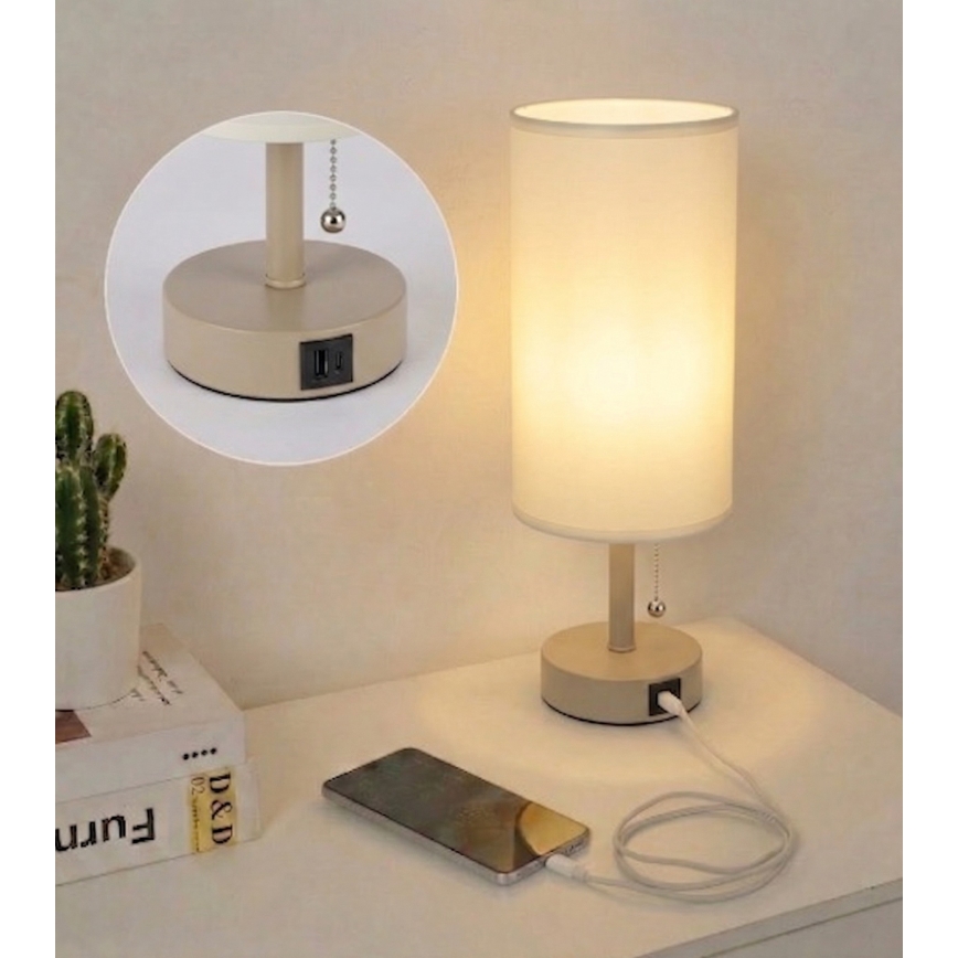 Brilagi - Tafellamp met USB-poort TABLON 1xE27/25W/230V beige/crème