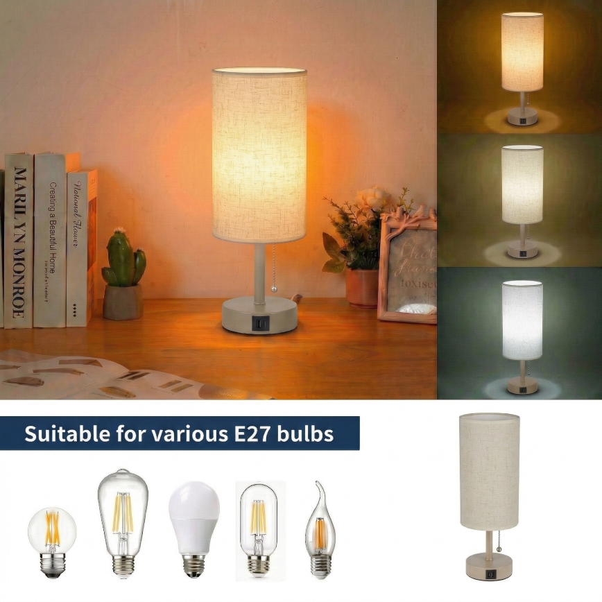 Brilagi - Tafellamp met USB-poort TABLON 1xE27/25W/230V beige/crème