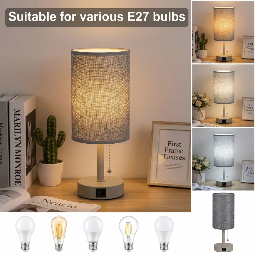 Brilagi - Tafellamp met USB-poort TABLON 1xE27/25W/230V beige/grijs