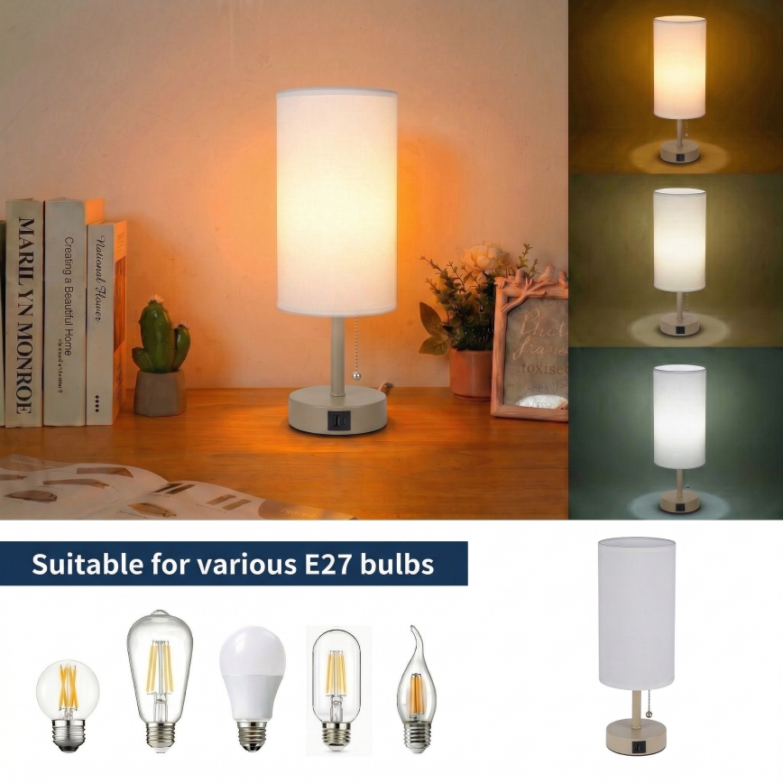 Brilagi - Tafellamp met USB-poort TABLON 1xE27/25W/230V beige/wit