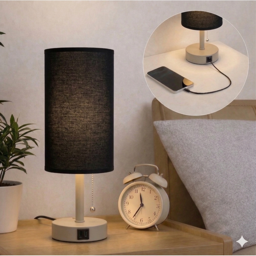 Brilagi - Tafellamp met USB-poort TABLON 1xE27/25W/230V beige/zwart