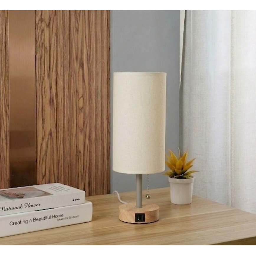 Brilagi - Tafellamp met USB-poort TABLON 1xE27/25W/230V eik/beige/crème