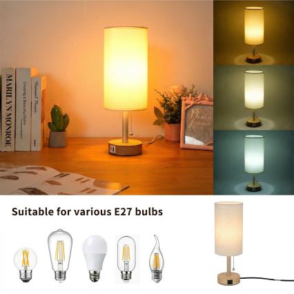 Brilagi - Tafellamp met USB-poort TABLON 1xE27/25W/230V eik/beige/crème