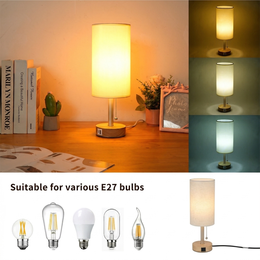 Brilagi - Tafellamp met USB-poort TABLON 1xE27/25W/230V eik/beige/crème