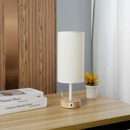 Brilagi - Tafellamp met USB-poort TABLON 1xE27/25W/230V eik/wit/crème