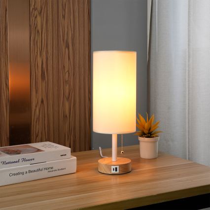 Brilagi - Tafellamp met USB-poort TABLON 1xE27/25W/230V eik/wit/crème