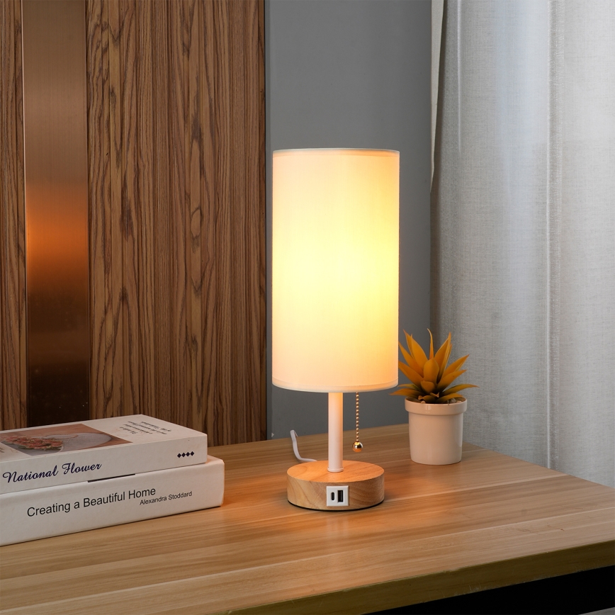 Brilagi - Tafellamp met USB-poort TABLON 1xE27/25W/230V eik/wit/crème