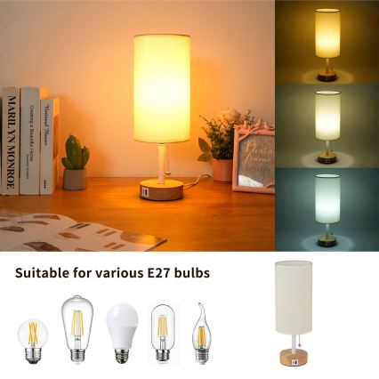 Brilagi - Tafellamp met USB-poort TABLON 1xE27/25W/230V eik/wit/crème