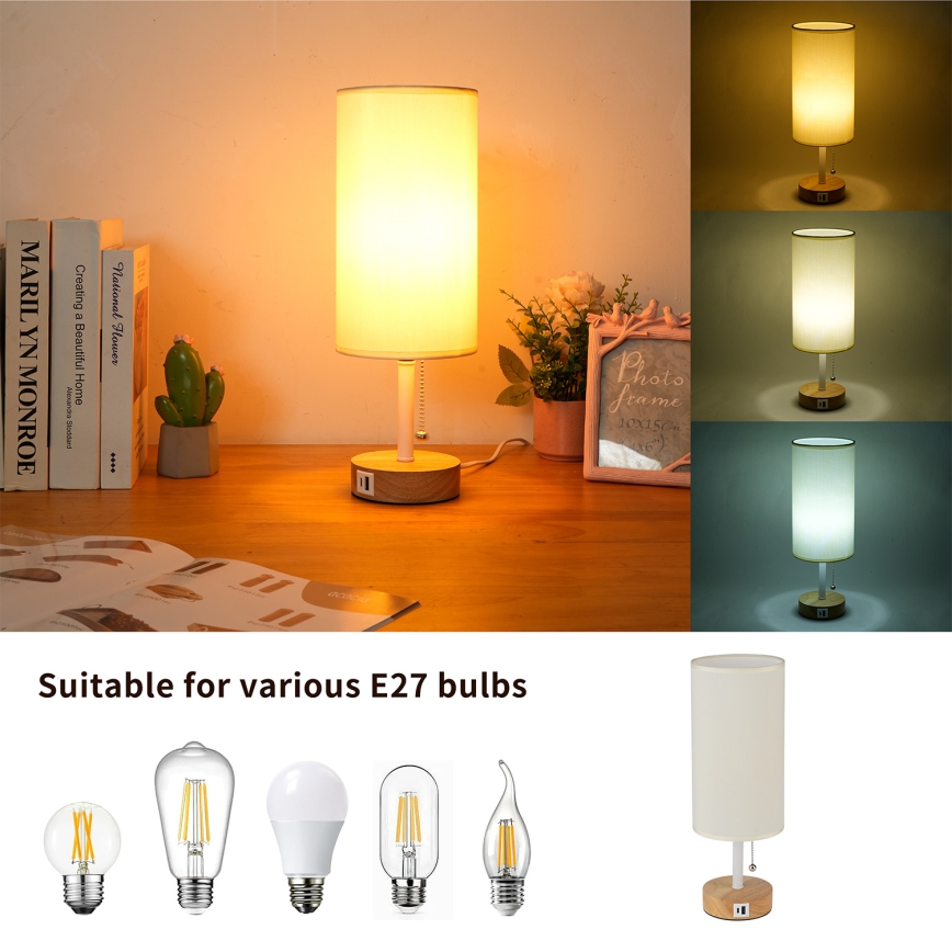 Brilagi - Tafellamp met USB-poort TABLON 1xE27/25W/230V eik/wit/crème