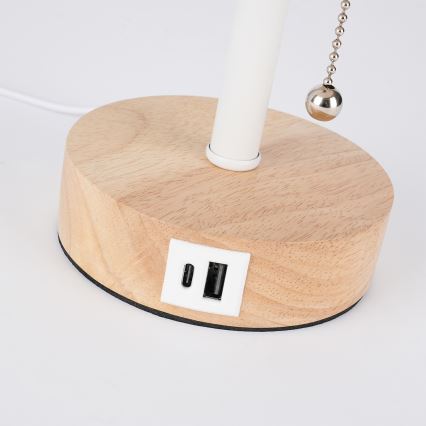 Brilagi - Tafellamp met USB-poort TABLON 1xE27/25W/230V eik/wit/crème