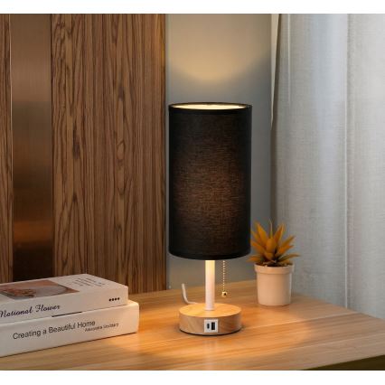 Brilagi - Tafellamp met USB-poort TABLON 1xE27/25W/230V eik/wit/zwart