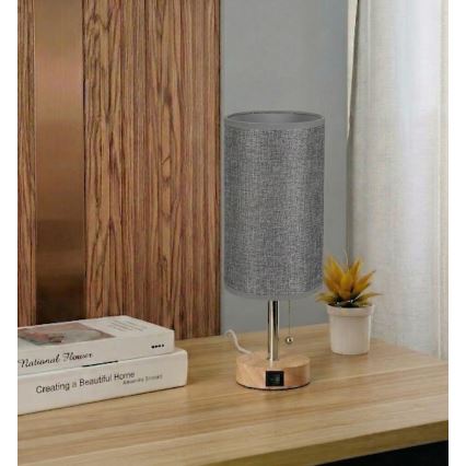 Brilagi - Tafellamp met USB-poort TABLON 1xE27/25W/230V eiken/beige/grijs