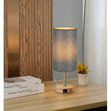 Brilagi - Tafellamp met USB-poort TABLON 1xE27/25W/230V eiken/beige/grijs