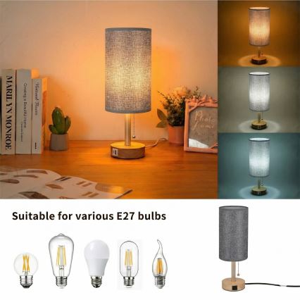 Brilagi - Tafellamp met USB-poort TABLON 1xE27/25W/230V eiken/beige/grijs