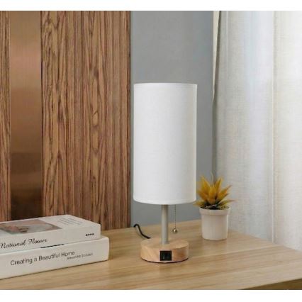 Brilagi - Tafellamp met USB-poort TABLON 1xE27/25W/230V eiken/beige/wit