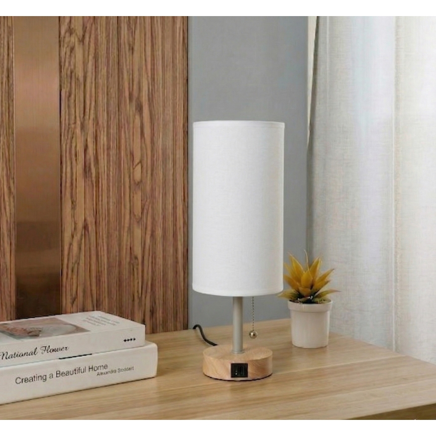 Brilagi - Tafellamp met USB-poort TABLON 1xE27/25W/230V eiken/beige/wit