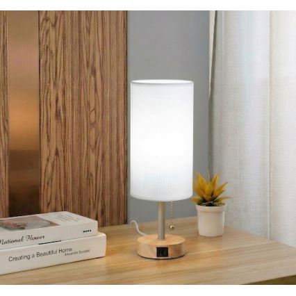 Brilagi - Tafellamp met USB-poort TABLON 1xE27/25W/230V eiken/beige/wit