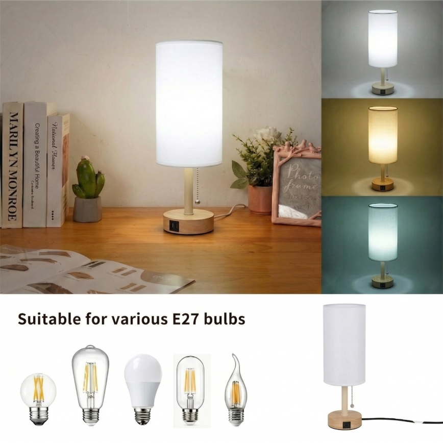 Brilagi - Tafellamp met USB-poort TABLON 1xE27/25W/230V eiken/beige/wit