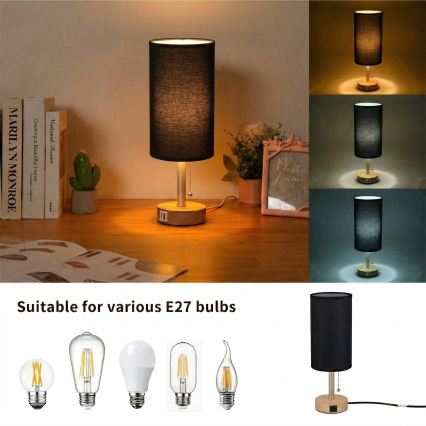 Brilagi - Tafellamp met USB-poort TABLON 1xE27/25W/230V eiken/beige/zwart