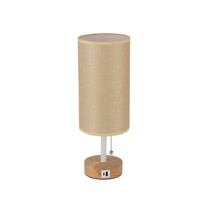 Brilagi - Tafellamp met USB-poort TABLON 1xE27/25W/230V eiken/wit/beige