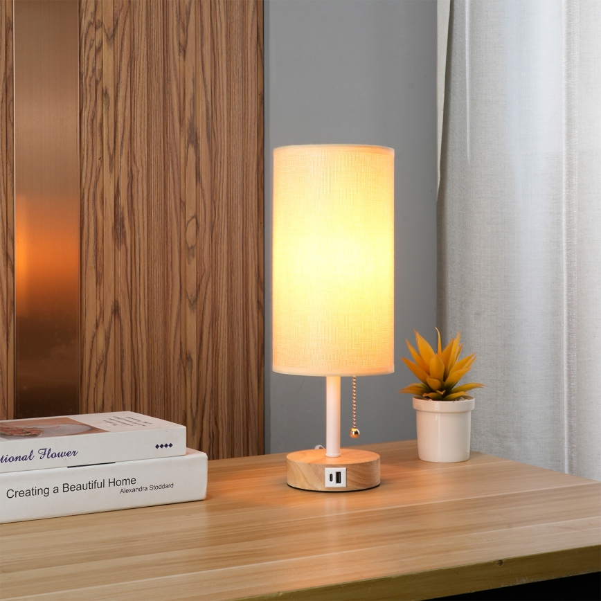 Brilagi - Tafellamp met USB-poort TABLON 1xE27/25W/230V eiken/wit/beige