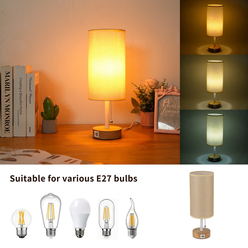 Brilagi - Tafellamp met USB-poort TABLON 1xE27/25W/230V eiken/wit/beige