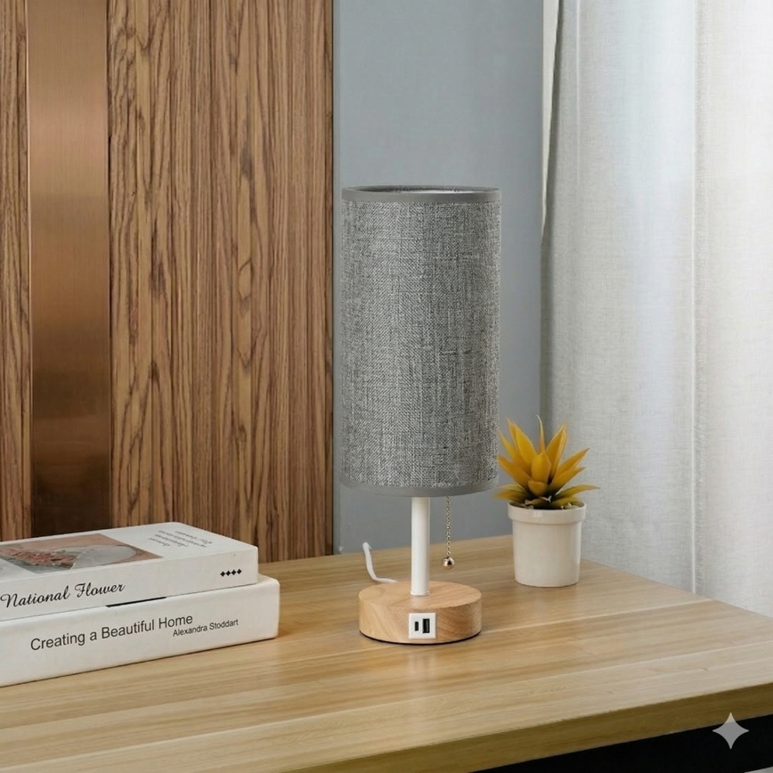 Brilagi - Tafellamp met USB-poort TABLON 1xE27/25W/230V eiken/wit/grijs