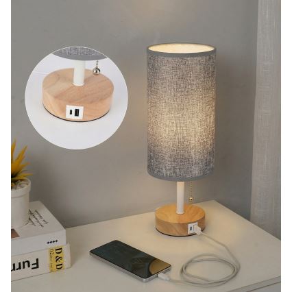 Brilagi - Tafellamp met USB-poort TABLON 1xE27/25W/230V eiken/wit/grijs