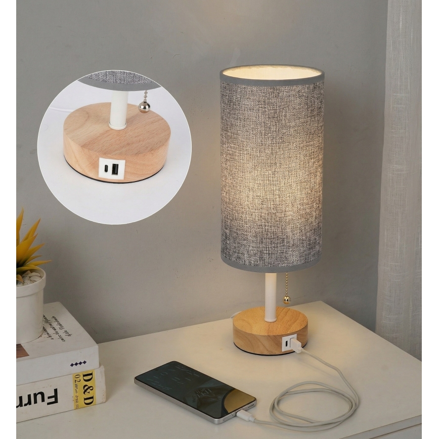 Brilagi - Tafellamp met USB-poort TABLON 1xE27/25W/230V eiken/wit/grijs