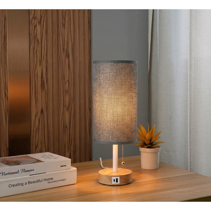 Brilagi - Tafellamp met USB-poort TABLON 1xE27/25W/230V eiken/wit/grijs