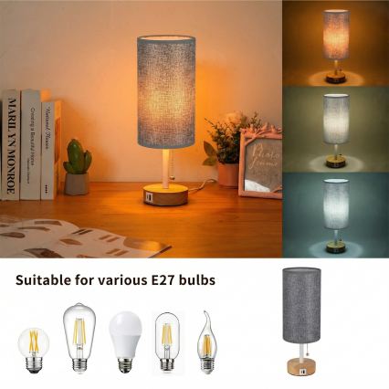 Brilagi - Tafellamp met USB-poort TABLON 1xE27/25W/230V eiken/wit/grijs