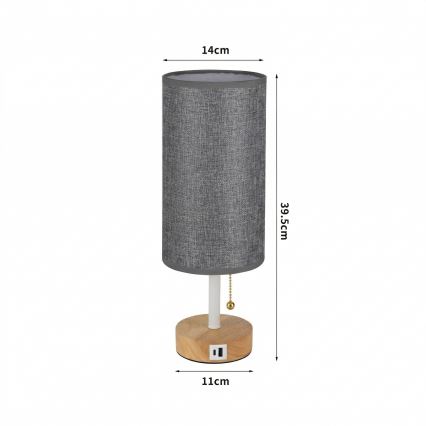 Brilagi - Tafellamp met USB-poort TABLON 1xE27/25W/230V eiken/wit/grijs