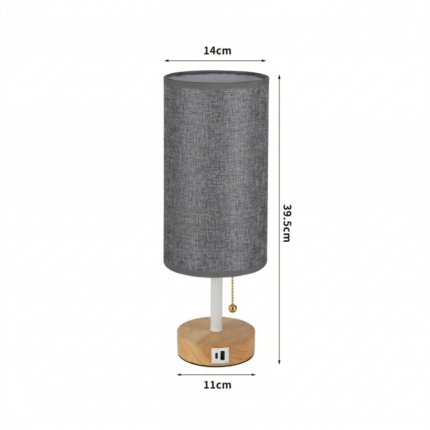 Brilagi - Tafellamp met USB-poort TABLON 1xE27/25W/230V eiken/wit/grijs