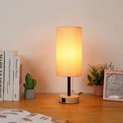 Brilagi - Tafellamp met USB-poort TABLON 1xE27/25W/230V eiken/zwart/beige