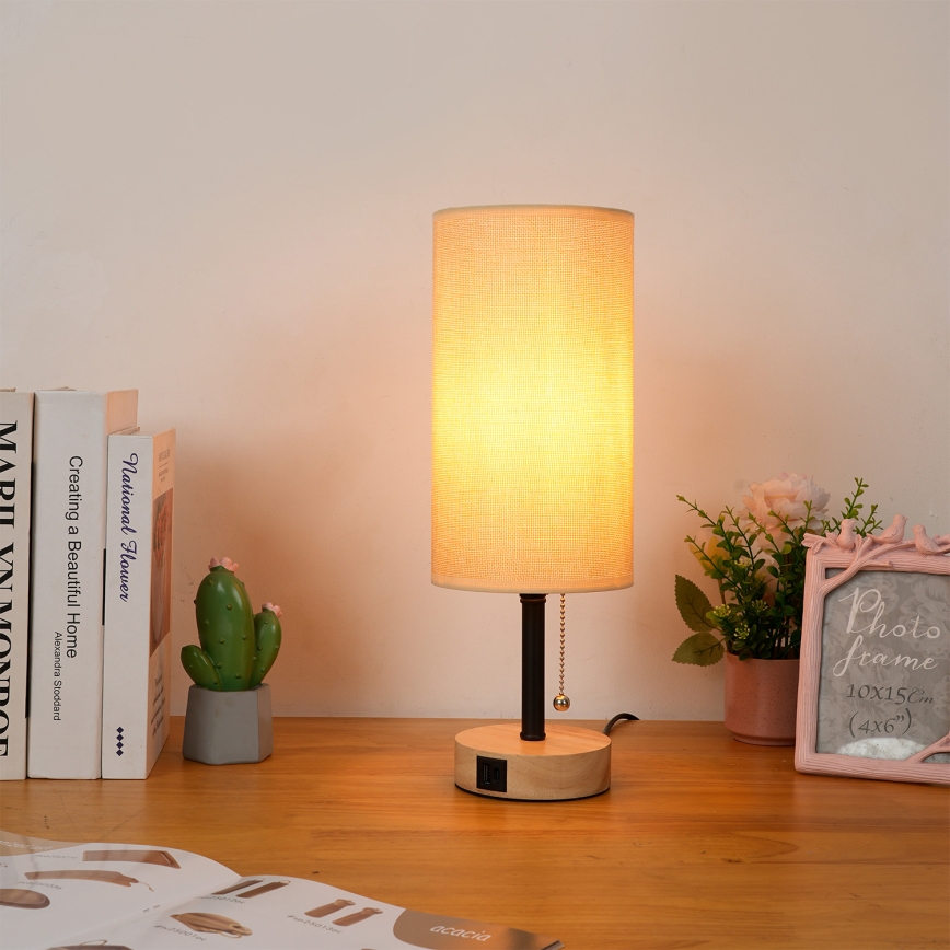 Brilagi - Tafellamp met USB-poort TABLON 1xE27/25W/230V eiken/zwart/beige