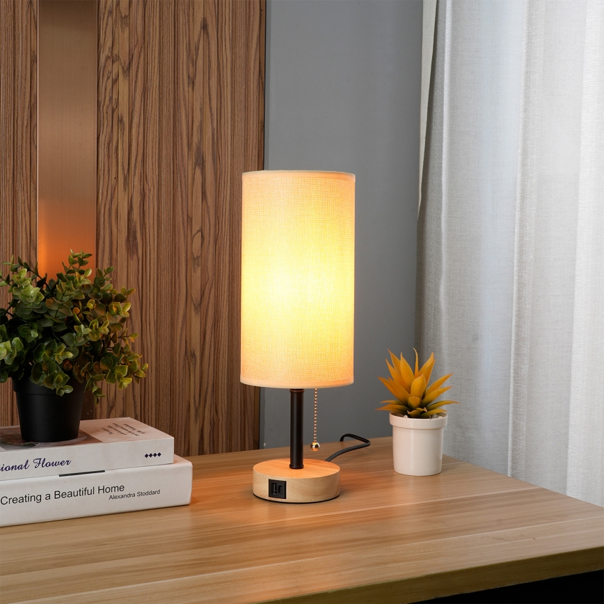 Brilagi - Tafellamp met USB-poort TABLON 1xE27/25W/230V eiken/zwart/beige
