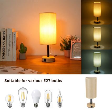 Brilagi - Tafellamp met USB-poort TABLON 1xE27/25W/230V eiken/zwart/beige