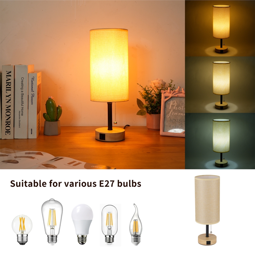 Brilagi - Tafellamp met USB-poort TABLON 1xE27/25W/230V eiken/zwart/beige