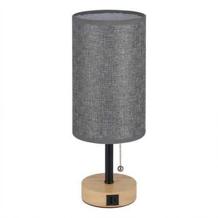 Brilagi - Tafellamp met USB-poort TABLON 1xE27/25W/230V eiken/zwart/grijs