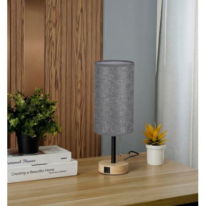 Brilagi - Tafellamp met USB-poort TABLON 1xE27/25W/230V eiken/zwart/grijs